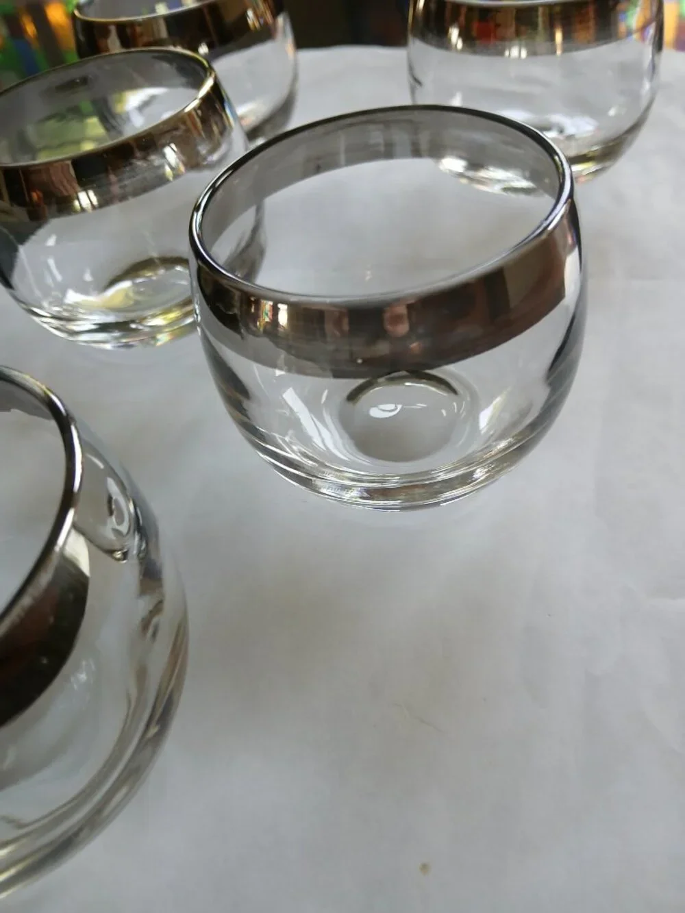Vintage glass barware roly poly silver band MCM barware  flaws